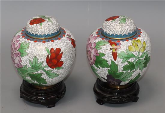 A pair of Chinese cloisonne enamel jars and covers and stands Height excluding stands 13cm